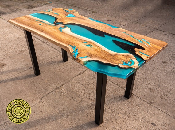 Epoxy resin river dining table with bench, walnut wood, turquoise resin,  glowing resin, modern style - Fine Wooden Creations