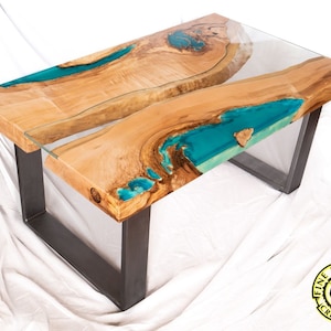 DEEP BLUE Bright ash live edge river coffee table with 3D glowing resin image 1