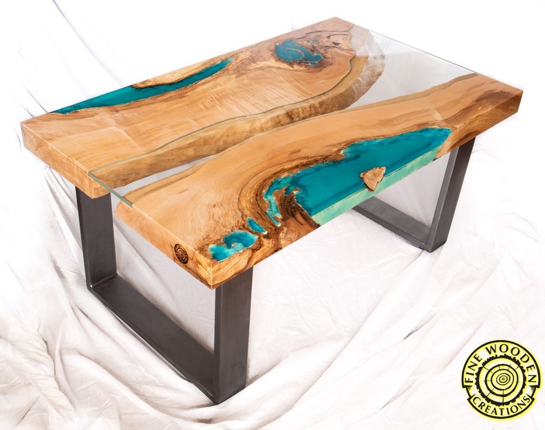 DEEP BLUE Bright ash live edge river coffee table with 3D glowing resin image 1