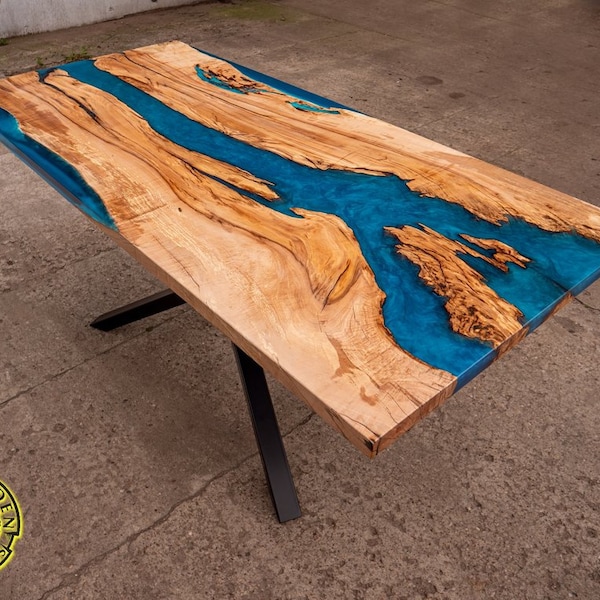 Pearl metallic epoxy resin river dining table hornbeam wood