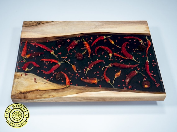 Handmade HOT RED pepper walnut wood serving board / cheese board, housewarming Gift, charcuterie, Wedding Gift / wooden epoxy resin