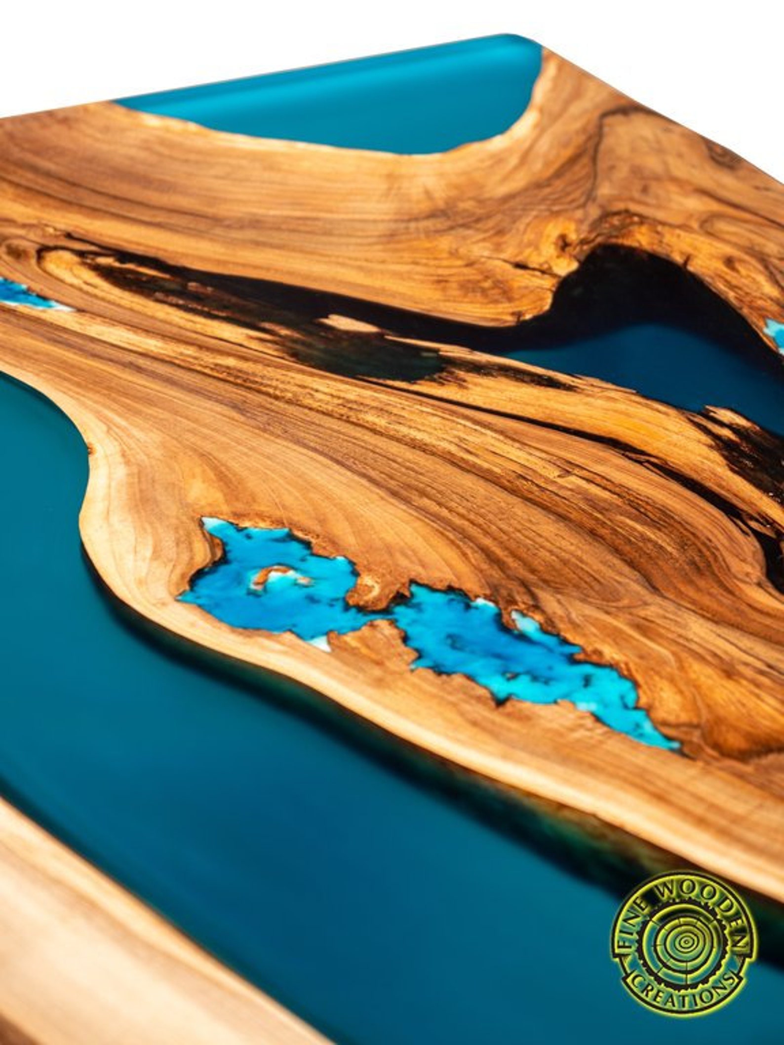 Live Edge Resin River Dining Table With Turquoise Glowing Etsy
