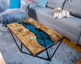 Live edge river coffee table with glowing resin