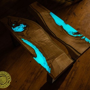 DEEP BLUE Bright ash live edge river coffee table with 3D glowing resin image 3