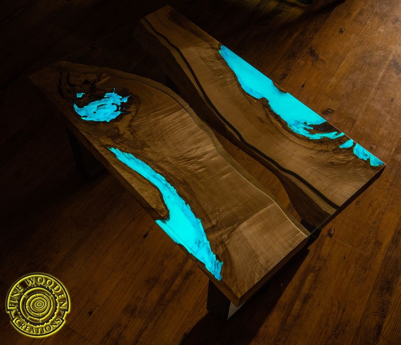 DEEP BLUE Bright ash live edge river coffee table with 3D glowing resin image 3