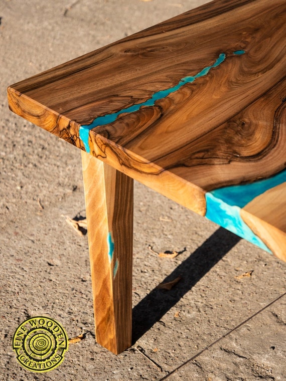 Double waterfall live edge epoxy resin coffee table with glowing cracks -  Fine Wooden Creations