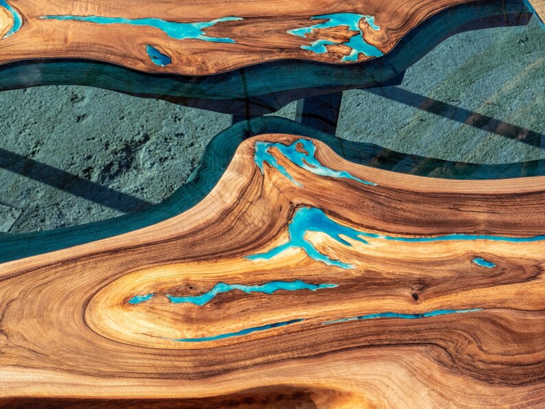 Live Edge River Glass Dining Table With Bench and Glowing Etsy UK