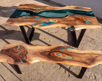 Live edge river glass dining table with bench and glowing resin fill in