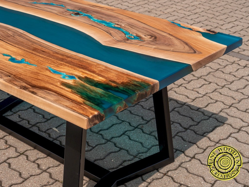 Epoxy resin river dining table with bench, walnut wood, turquoise resin,  glowing resin, modern style - Fine Wooden Creations