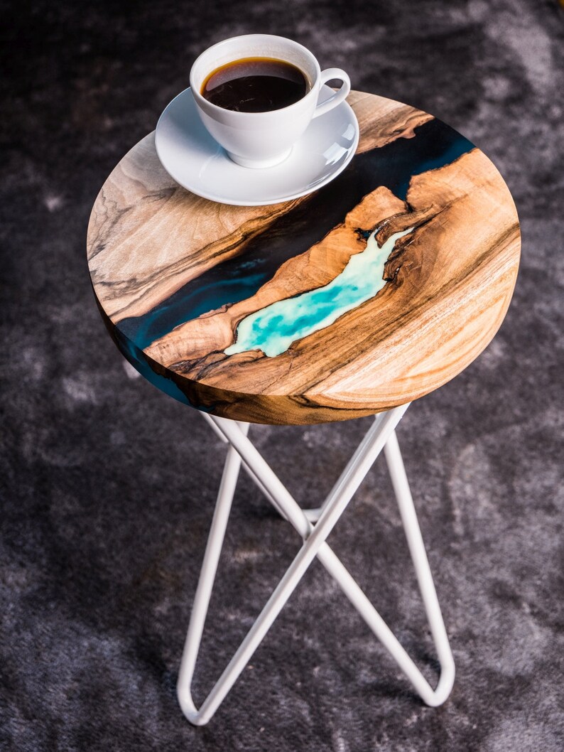 Round live edge river bedside / coffee / end table with resin Etsy