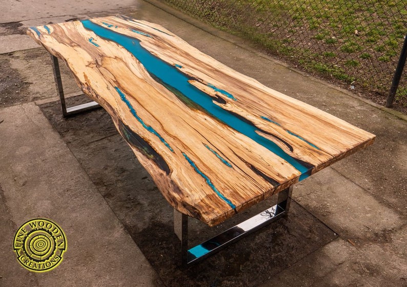 Live Edge Resin River Dining Table With Turquoise Glowing Etsy