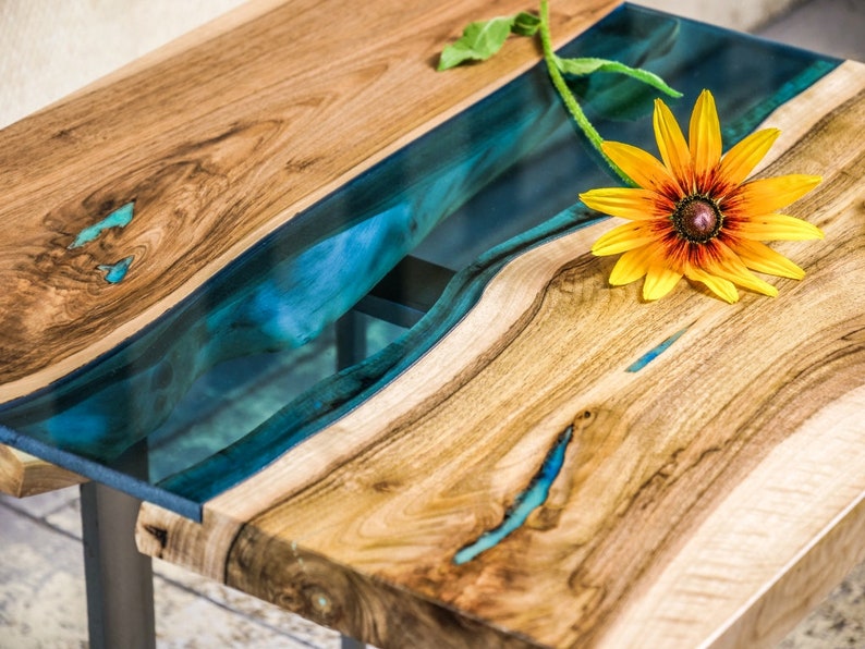 Live edge river bedside / coffee / end table with glass ...
