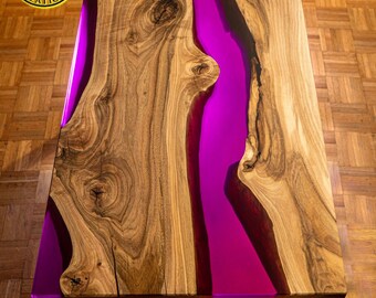 Deep Purple Resin Coffee Table With Resin River , Walnut Wood