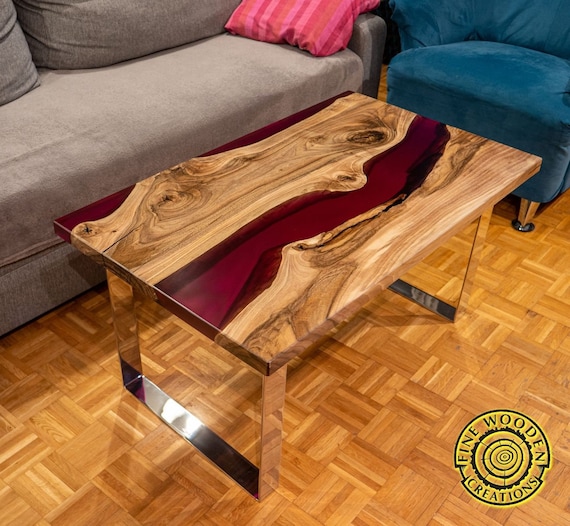 Deep Purple Resin Coffee Table With Resin River , Walnut Wood