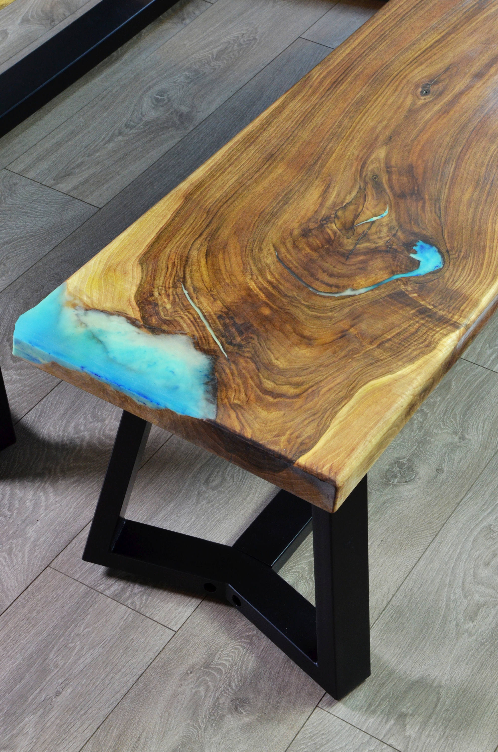 Live Edge River Dining Table With Bench and Glowing Resin Fill Etsy UK