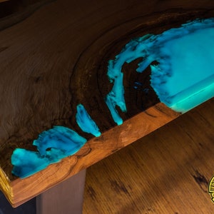 DEEP BLUE Bright ash live edge river coffee table with 3D glowing resin image 10