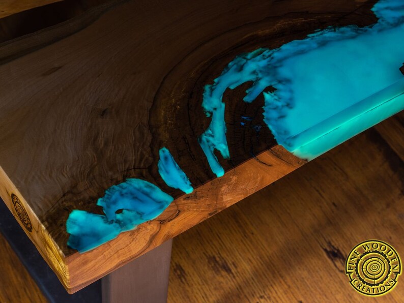 DEEP BLUE Bright ash live edge river coffee table with 3D glowing resin image 10