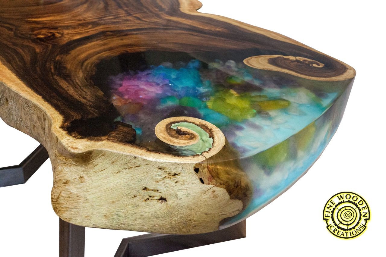 Amethyst Crystals Coffee Table Made of Exotic Suar Wood , Rainbow
