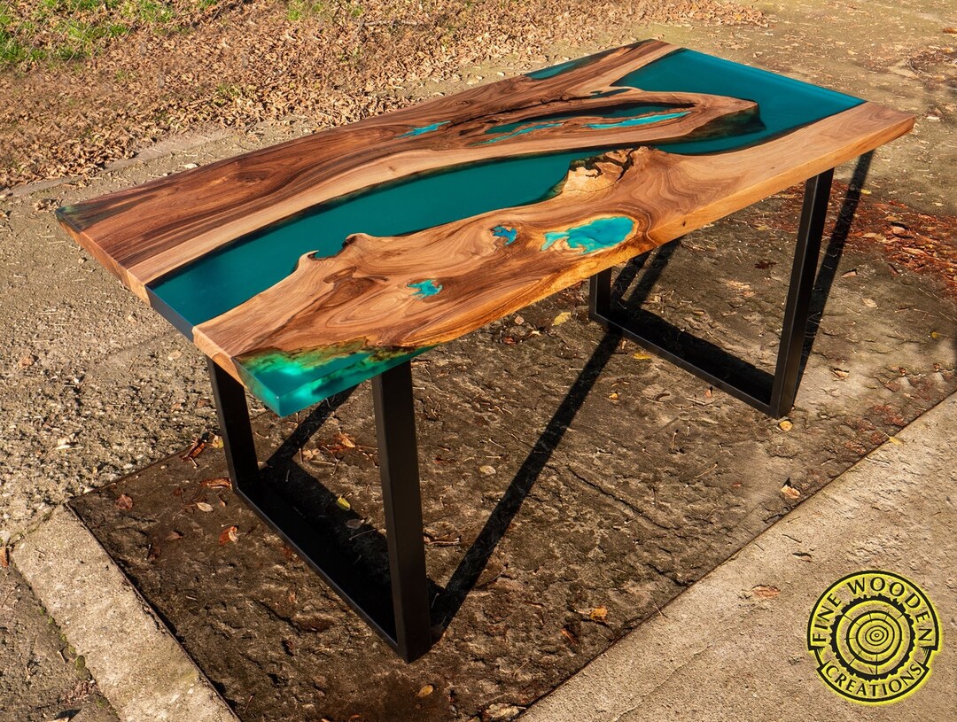 Epoxy resin river dining table with bench, walnut wood, turquoise resin,  glowing resin, modern style - Fine Wooden Creations