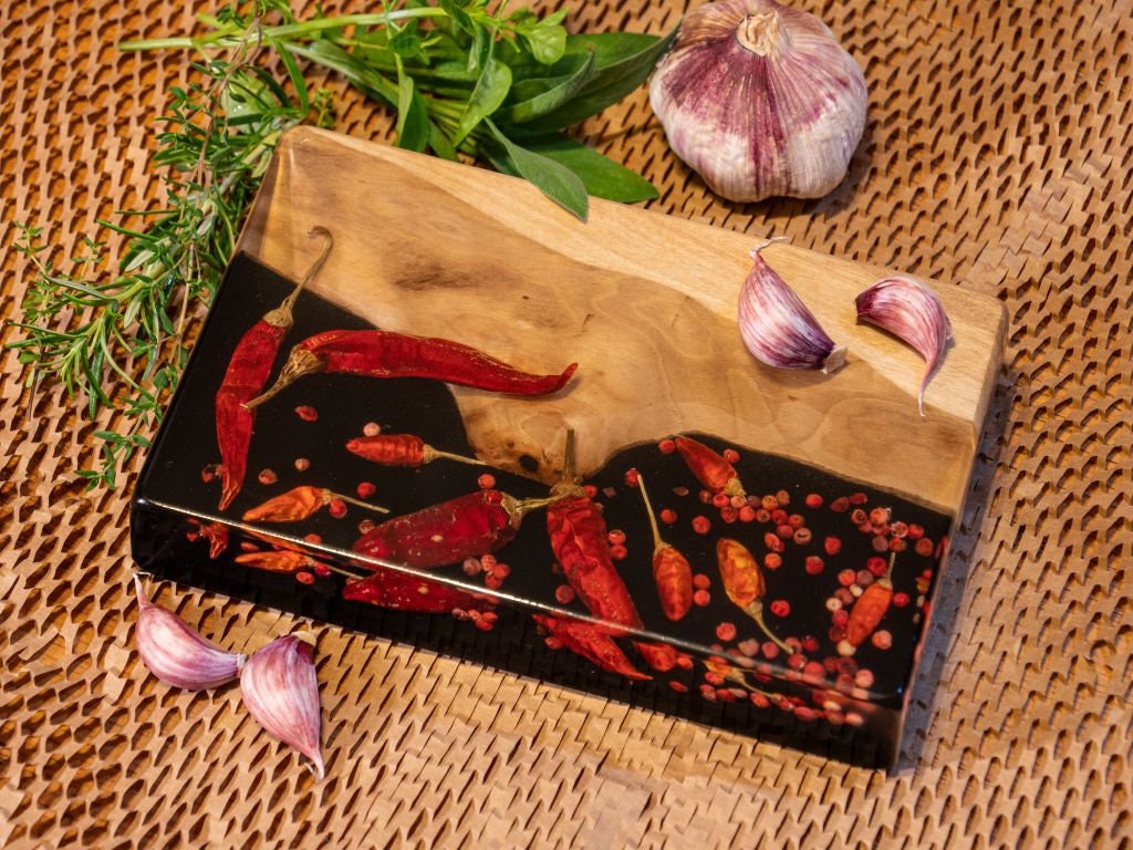Serving board walnut wood  HOT RED pepper on a black background in crystal resin / cheese board, housewarming Gift, charcuterie, Wedding