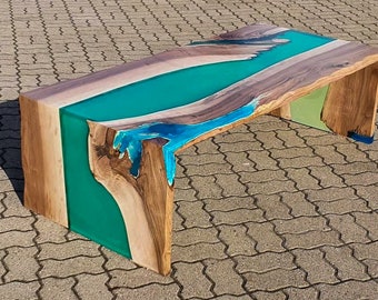 Double waterfall blue resin river coffee table , walnut wood