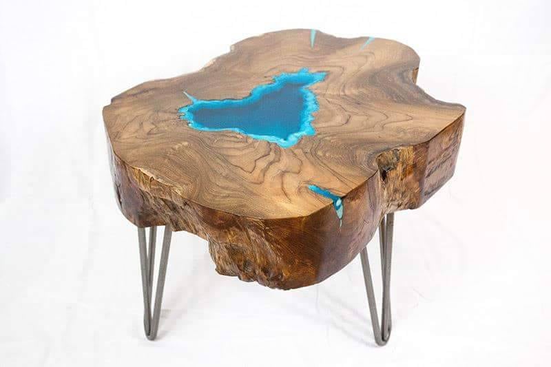 Round Live Edge Coffee Table With Glowing Resin Fillin and Hairpin Legs ...