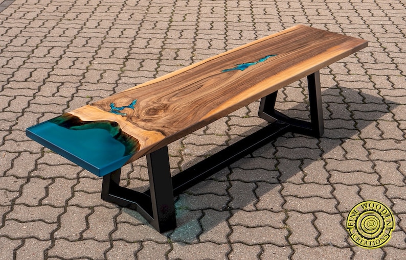 Epoxy Resin Bench for Dining Table With Turquoise Glowing Pigment, Walnut Wood, Turquoise/blue
