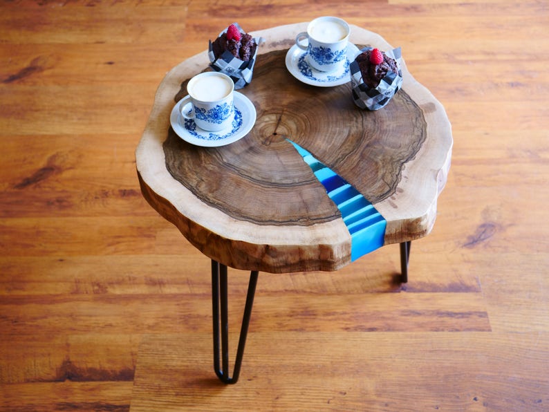ZEBRA round live edge coffee table with glowing resin ...