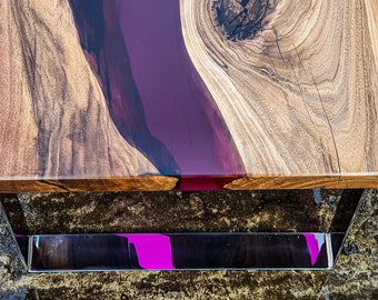 Deep Purple Resin Coffee Table With Resin River , Walnut Wood