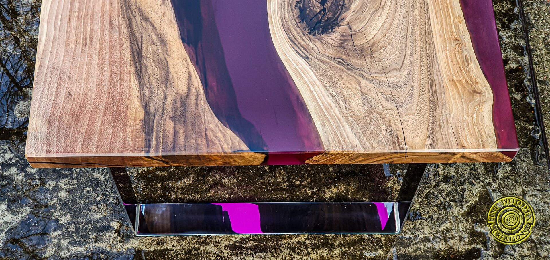 Deep Purple Resin Coffee Table With Resin River , Walnut Wood