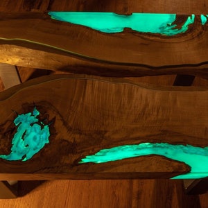 DEEP BLUE Bright ash live edge river coffee table with 3D glowing resin image 8