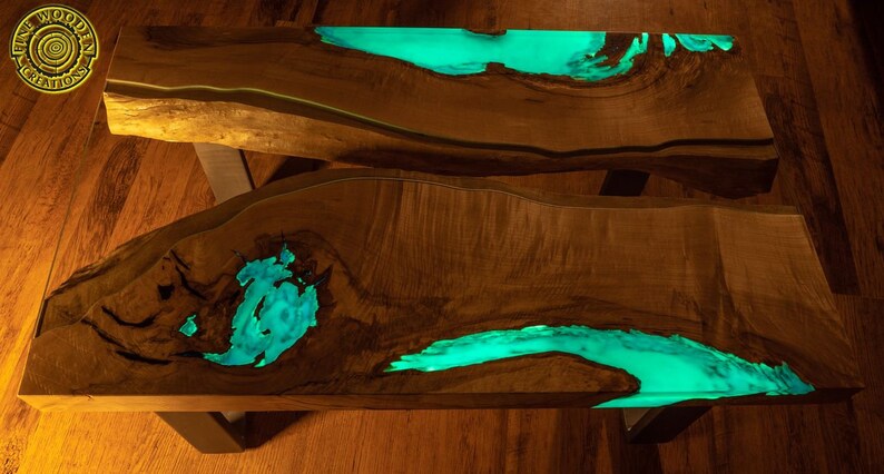 DEEP BLUE Bright ash live edge river coffee table with 3D glowing resin image 8