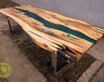 Live edge resin river dining table with turquoise glowing resin /  elm wood