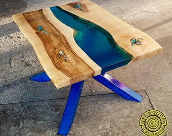 Resin river coffee table with with turquoise legs
