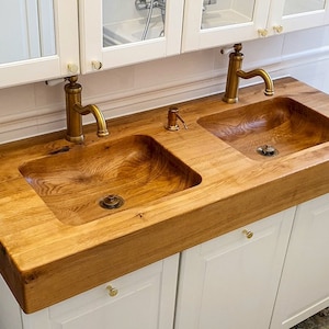 Dual sink Washbasin / Wood Sink / Exclusive Wooden Washbasin / oak wood &#39;In white&#39; / epoxy resin