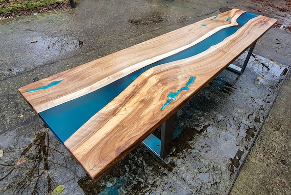 Long Epoxy Resin Bench for Dining Table With Turquoise Glowing