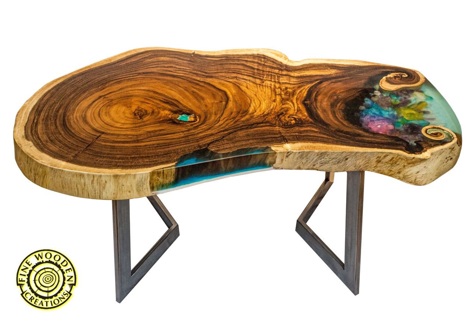 Amethyst Crystals Coffee Table Made of Exotic Suar Wood , Rainbow