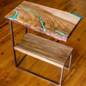 Bed side end table Live edge bookshelf with glowing resin