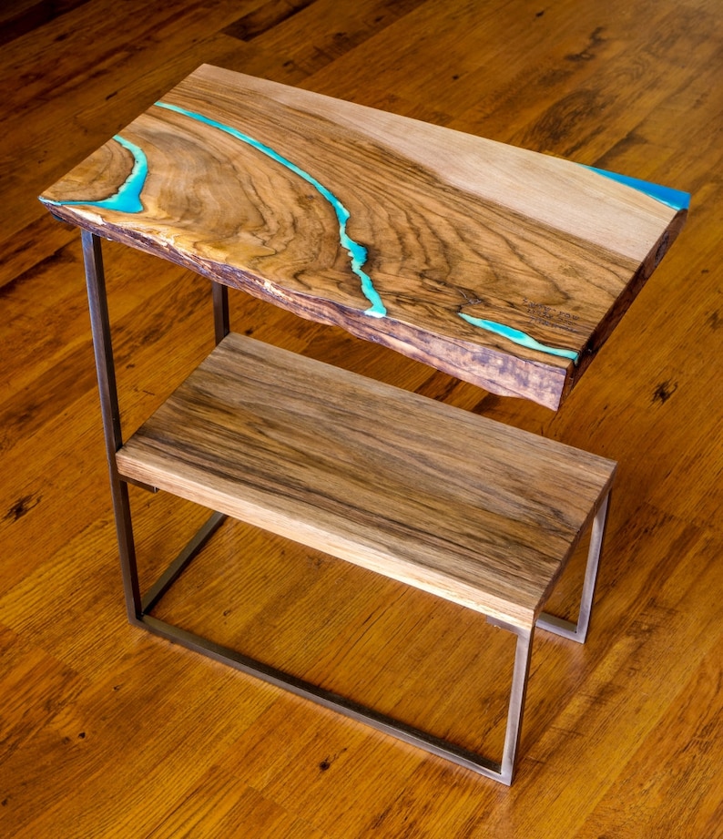 Bed Side End Table Live Edge Bookshelf With Glowing Resin Image 0
