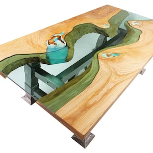 Bridge - live edge river coffee table with glowing resin and solid legs base