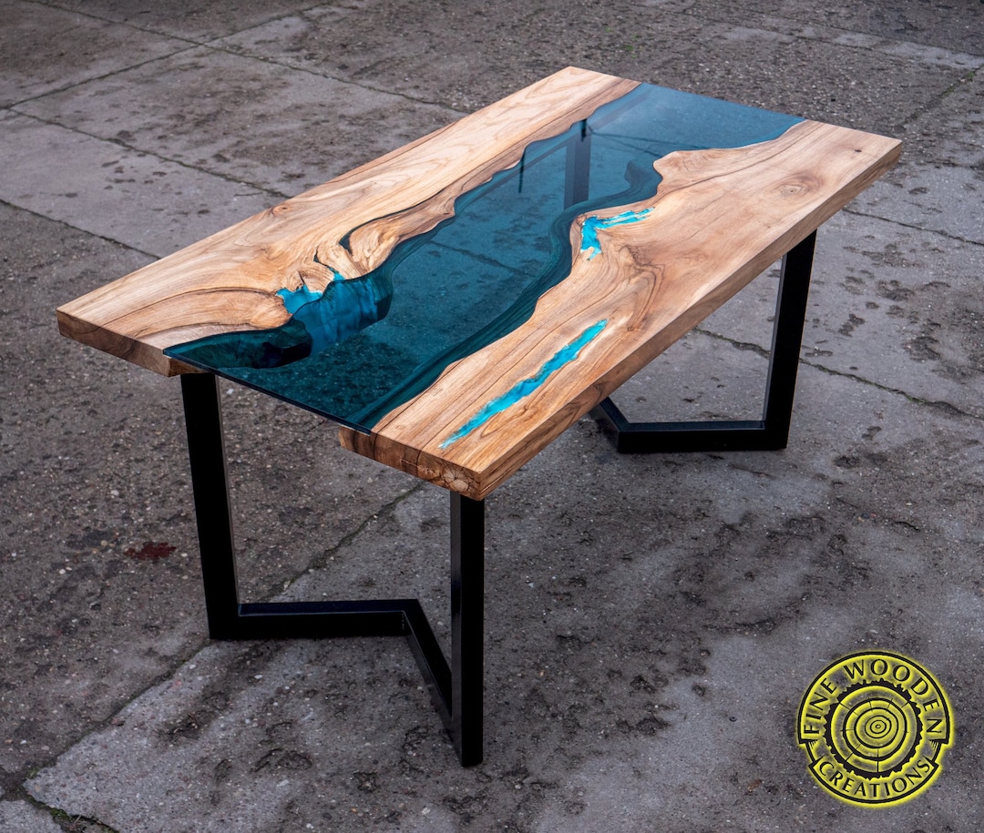 River Glass Live Edge Dining Walnut Table With Turquoise Glowing