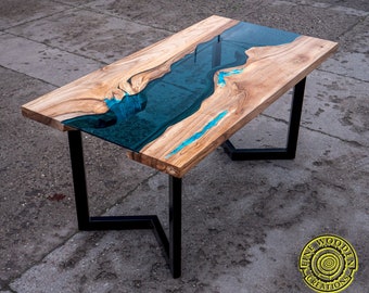 River glass live edge dining walnut table with turquoise glowing resin, ice berg, black powder painted legs
