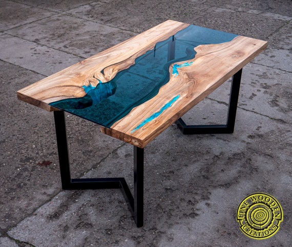 Epoxy resin river dining table with bench, walnut wood, turquoise resin,  glowing resin, modern style - Fine Wooden Creations