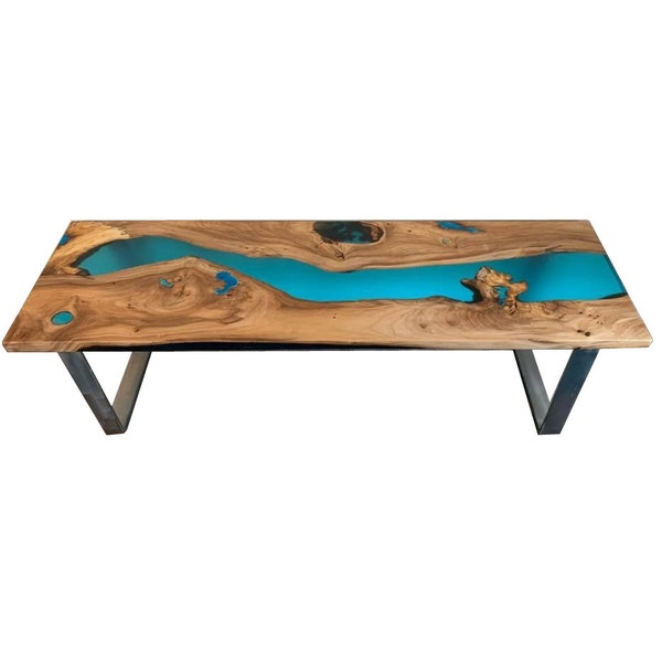 Banc en résine époxy pour table à manger avec pigment turquoise brillant, bois d’orme, résine turquoise/bleu