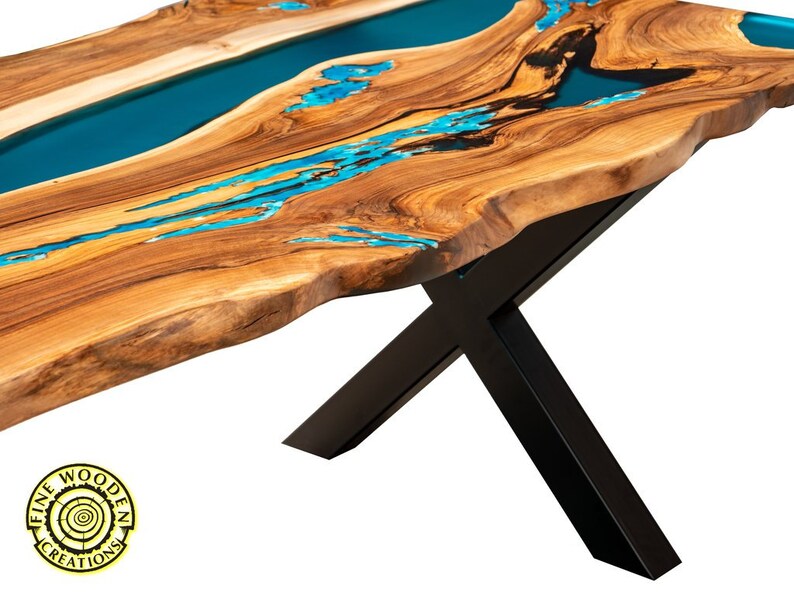 Live Edge Resin River Dining Table With Turquoise Glowing Etsy