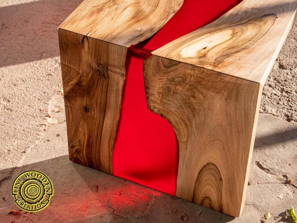 Double waterfall live edge epoxy resin coffee table with glowing cracks -  Fine Wooden Creations