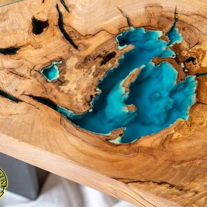 DEEP BLUE Bright ash live edge river coffee table with 3D glowing resin image 2