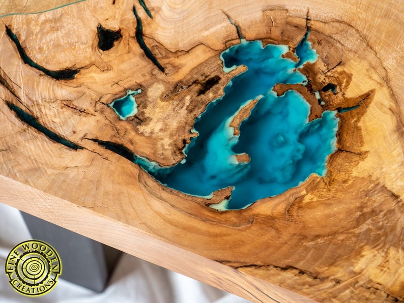 DEEP BLUE Bright ash live edge river coffee table with 3D glowing resin image 2