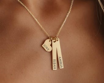 Personalized Necklace: Custom Bar Necklace With Heart Charm, Mom And Kids Names, Gift For Mom, Gift For Grandma