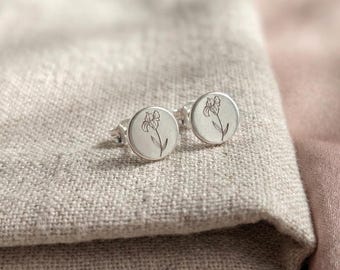 Birth Flower Stud Earrings, Sterling Silver Personalized Earrings, Custom Birth Month Flower Jewelry, Dainty Gift for Mom or New Mom